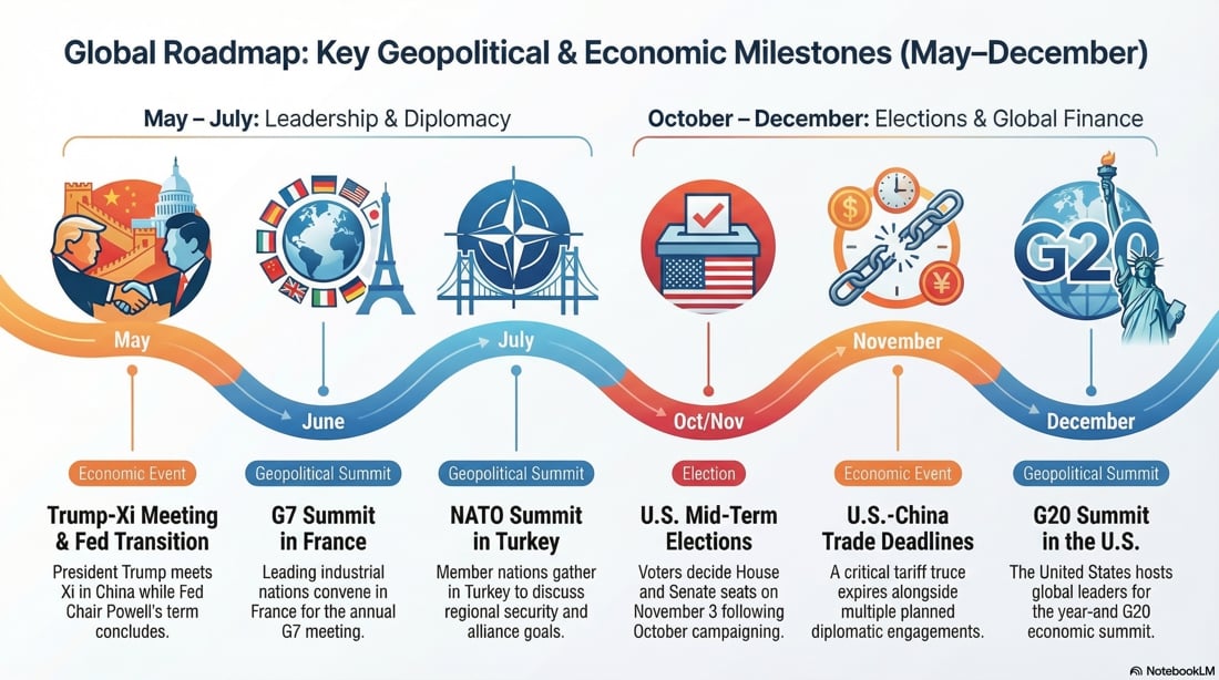 Key Geopolitical & Economic Milestones (May–December)” showing a timeline of major events across 2026. From May to July under “Leadership & Diplomacy,” it lists a Trump–Xi meeting and Fed transition in May, the G7 Summit in France in June, and the NATO Summit in Turkey in July. From October to December under “Elections & Global Finance,” it lists the U.S. mid-term elections in October or November, U.S.-China trade deadlines in November, and the G20 Summit in the U.S. in December. Colourful icons and a flowing ribbon timeline connect the events.